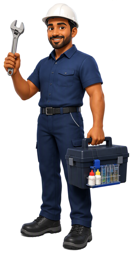 Illustrated Waterways pool technician holding a toolbox and adjustable wrench