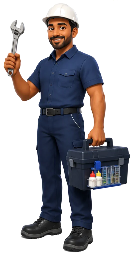 Illustrated Waterways pool technician holding a toolbox and adjustable wrench
