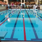 Completed competition swimming pool with lane equipment