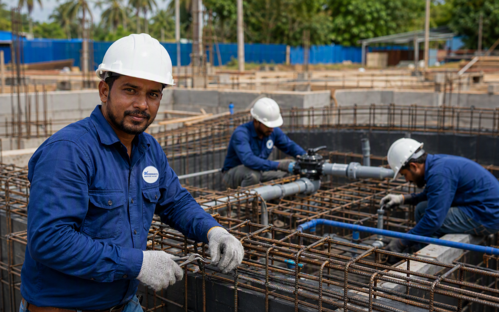 Waterways construction engineers installing structural and plumbing components