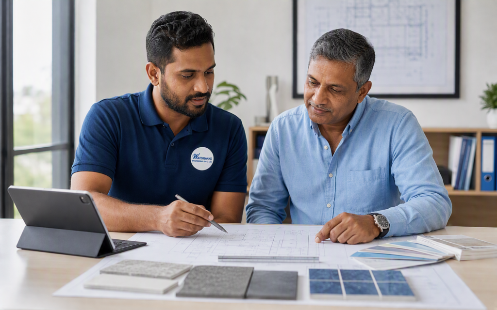Waterways engineer and client reviewing technical plans and material samples