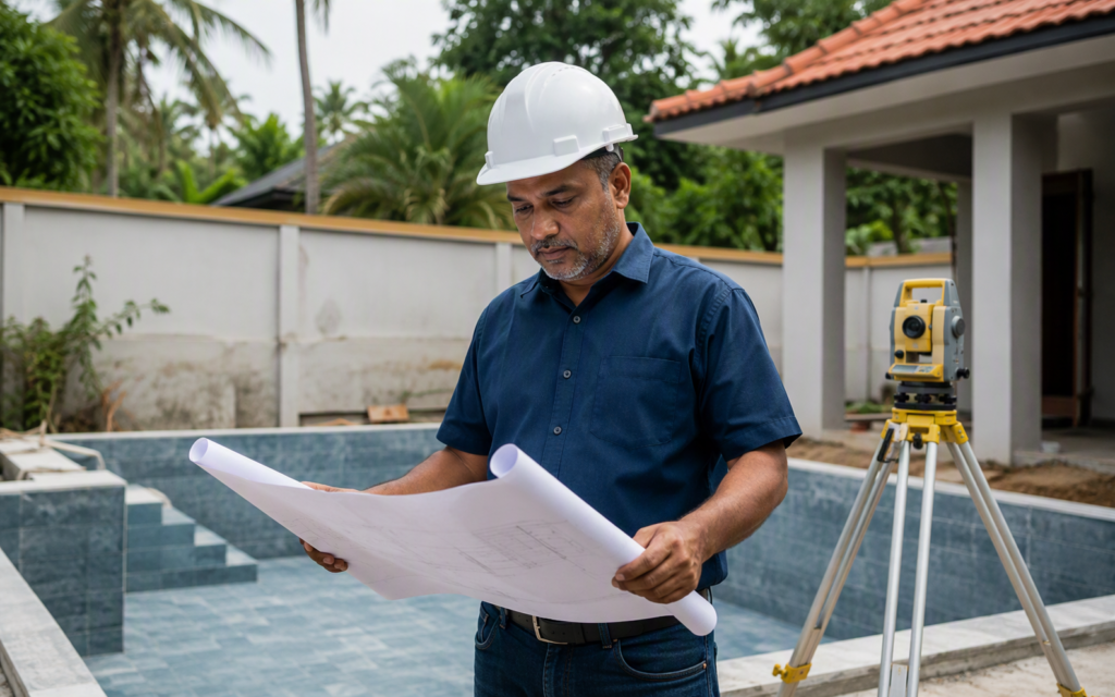Experienced pool engineer reviewing construction plans beside a pool project