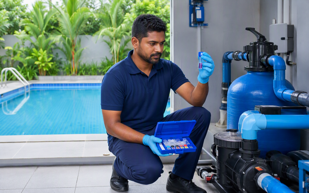Pool technician inspecting filtration equipment and testing pool water