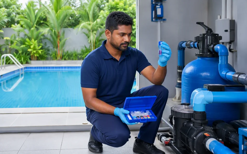 Pool technician inspecting filtration equipment and testing pool water