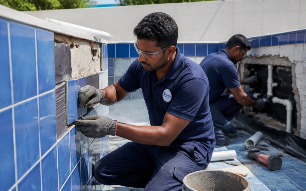 Waterways technicians performing tile, waterproofing and plumbing repairs