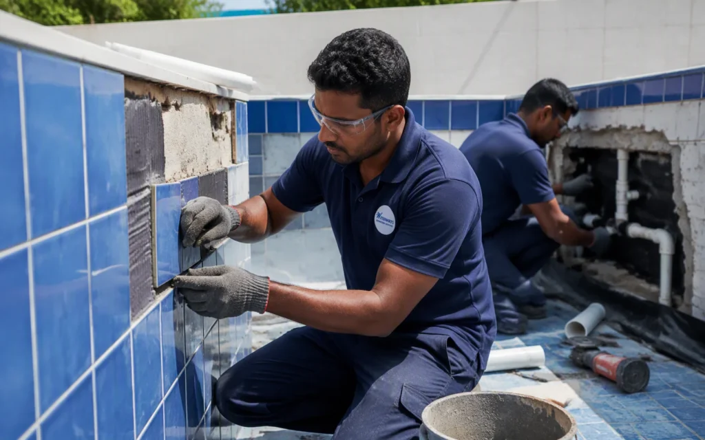 Waterways technicians performing tile, waterproofing and plumbing repairs