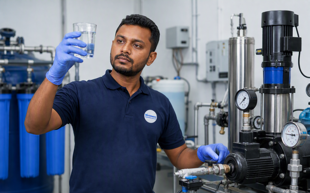 Waterways technician testing water and inspecting treatment equipment
